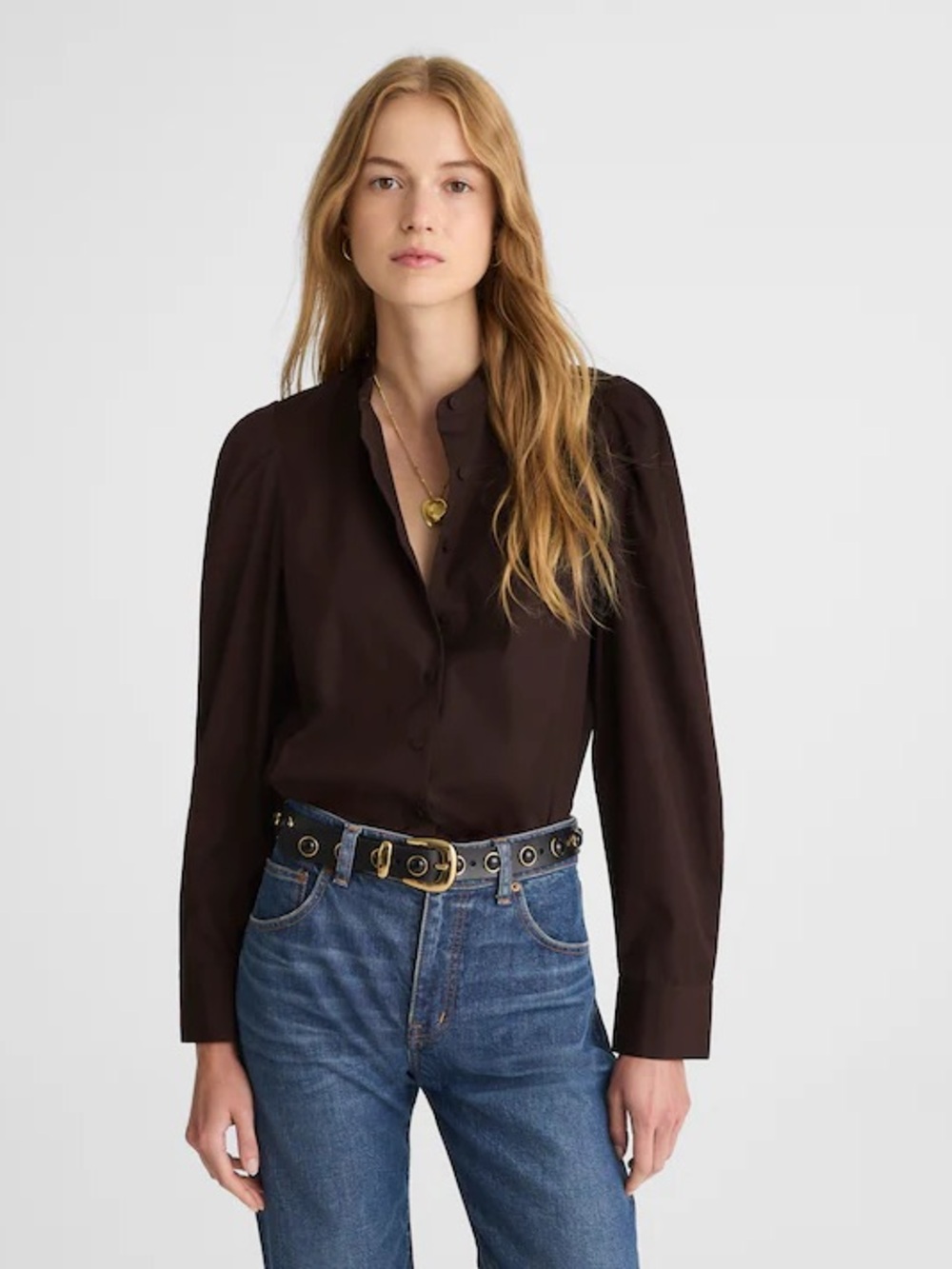 Madewell Puff Sleeve Button-Up Shirt Brown Cotton Blouse Size L NWT